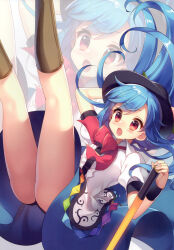 Rule 34 | 1girl, :o, absurdres, apron, ass, black hat, blue hair, blue skirt, boots, bow, bowtie, brown boots, falling, floating hair, hand on headwear, hat, highres, hinanawi tenshi, holding, holding sword, holding weapon, knee boots, kneepits, long hair, masaru.jp, open mouth, puffy short sleeves, puffy sleeves, red bow, red bowtie, red eyes, scan, shirt, short sleeves, skirt, solo, sword, sword of hisou, third-party source, touhou, weapon, white apron, white shirt, zoom layer