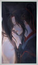 2boys ahoge bishounen black_hair black_hanfu blurry border chinese_clothes closed_mouth eyelashes from_side hair_ribbon hand_up hanfu high_ponytail highres lan_wangji long_hair long_sleeves male_focus modao_zushi multiple_boys ojisan_rbt out_of_frame outside_border parted_lips ponytail profile purple_eyes red_ribbon ribbon robe scar scar_on_back sidelocks sleeves_past_wrists solo_focus topless_male twitter_username upper_body wei_wuxian wide_sleeves yaoi