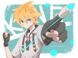 1boy ahoge aotu_world artist_name black_gloves blonde_hair blue_eyes chinese_commentary clenched_hand closed_mouth drawstring eyes_visible_through_hair fingerless_gloves foreshortening gloves hair_between_eyes hood hood_down hoodie king_(aotu_world) looking_at_viewer male_focus outstretched_arm paint pijitaidi pointing pointing_at_viewer pointy_ears short_hair solo spiked_hair upper_body white_hoodie