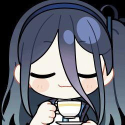 Rule 34 | 1girl, :3, animated, animated gif, aqua necktie, aris (blue archive), black jacket, blue archive, blue hair, blue hairband, blue jacket, blush stickers, chibi, chunye haruya, closed eyes, closed mouth, collared shirt, cup, disembodied hand, dot nose, drinking, facing viewer, hair between eyes, hairband, holding, holding cup, holding saucer, jacket, long bangs, long hair, long hair between eyes, lowres, multicolored jacket, necktie, one side up, open clothes, open jacket, saucer, school uniform, second-party source, shirt, simple background, smile, solo, teacup, transparent background, u u, upper body, white jacket, white shirt