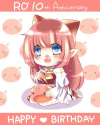 Rule 34 | 1girl, :3, :d, anniversary, arch bishop (ragnarok online), blue eyes, blush, bow, breasts, chibi, chibi only, chinese commentary, cleavage, cleavage cutout, clothing cutout, commentary request, cross, dress, fang, fishnet thighhighs, fishnets, full body, hair bow, happy birthday, juliet sleeves, long hair, long sleeves, looking at viewer, medium breasts, nanami (s881201guy), open mouth, pink bow, pink hair, pointy ears, poring, puffy sleeves, ragnarok online, sash, seiza, sitting, skin fang, slime (creature), smile, solo, thighhighs, two-tone dress, white background, white dress, white sash, white thighhighs