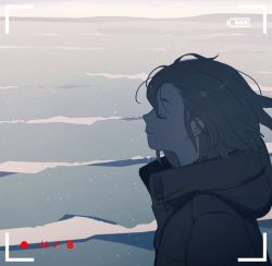 1girl animated animated_gif animification battery_indicator black_jacket brown_hair chinese_commentary closed_eyes ear_piercing floating_hair from_side hair_behind_ear hood hood_down hooded_jacket jacket jeongyeon_(twice) k-pop limited_palette looping_animation medium_hair piercing profile real_life recording smile solo ting_shuo_nanhai twice_(group) viewfinder water