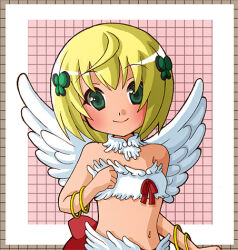 1girl bangle bikini blonde_hair blush bracelet breasts closed_mouth clover_hair_ornament commentary_request feather_trim feathered_wings green_eyes grid_background hair_ornament jewelry looking_at_viewer lowres monou0135 navel pink_background ragnarok_online short_hair small_breasts smile solo swimsuit upper_body wanderer_(ragnarok_online) white_bikini white_wings wings