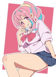 1girl bare_legs black_skirt blue_hair blush_stickers bow bowtie breasts commentary gradient_hair grin gyaru highres hozuki_kaede knee_up kogal large_breasts looking_at_viewer loose_bowtie miniskirt multicolored_hair noyama_takenoko onii-chan_wa_oshimai! outline pink_eyes pink_hair pink_shirt ponytail red_background red_bow red_bowtie scrunchie shirt sidelocks simple_background skirt sleeves_rolled_up smile solo two-tone_background two-tone_hair white_background white_outline yellow_scrunchie