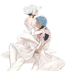 .hack// .hack//g.u. 2boys blue_eyes blue_hair blush closed_eyes commentary_request crossdressing dark-skinned_male dark_skin dress embarrassed facial_tattoo formal_clothes gloves hand_on_another&#039;s_ass hand_on_another&#039;s_head haseo_(.hack//) licking licking_nipple long_sleeves maishi male_focus multiple_boys nipple_stimulation ovan_(.hack//) short_hair simple_background sketch suit tattoo tuxedo wedding_dress white_background white_dress white_gloves white_hair white_suit yaoi