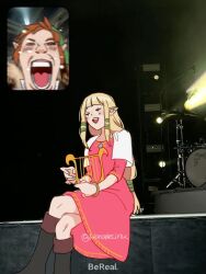 1boy 1girl bereal blonde_hair blunt_bangs blush boots bracelet brown_footwear brown_hair closed_eyes crossed_legs derivative_work dress fan_screaming_at_madison_beer_(meme) green_hair hair_ribbon hanaberin harp holding holding_harp holding_instrument instrument jacket jewelry link long_dress meme music nintendo no_legwear open_mouth pink_dress pointy_ears princess_zelda ribbon short_hair shouting sidelocks singing smile the_legend_of_zelda the_legend_of_zelda:_skyward_sword twitter_username white_jacket