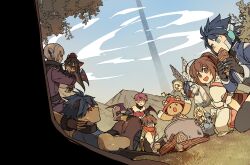 Rule 34 | 4boys, 5girls, absurdres, ahoge, android, angel wings, animal ears, bat wings, belial (eco), black gloves, black hair, black hat, black thighhighs, blonde hair, blue capelet, blue dress, blue hair, blue jacket, book, bread, brown eyes, brown hair, capelet, cat ears, cat girl, cooking pot, dress, eating, emil (eco), emil chronicle online, food, ghost girl, ghost tail, gloves, green eyes, green shirt, halo, hat, highres, holding, holding book, holding food, hug, jacket, lili (eco), long hair, lux (eco), marcia (eco), mechanical ears, multiple boys, multiple girls, nekomata kuro, open mouth, pants, pointy ears, ponytail, purple hair, purple jacket, purple pants, r&#039;lyeh (eco), red scarf, red tube top, robe, scarf, shirt, short hair, sihanjir, strapless, stuffed animal, stuffed toy, teddy bear, thighhighs, tita (eco), titus (eco), tube top, white robe, white wings, wings
