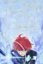 Rule 34 | 6+boys, 6+girls, absurdres, amemiya darumi, aotsuki eito, black hair, blood, blood on face, blue background, bruise, bruise on face, closed eyes, earrings, eyepatch, face piercing, ginzaki shouma, glasses, hand up, highres, injury, jewelry, last defense academy school uniform, lip piercing, long hair, magadori kyoshika, maruko gaku, mojiro moko, multicolored hair, multiple boys, multiple girls, oosuzuki kurara, piercing, red hair, shizuhara hiruko, sumino takumi, sword, the hundred line -last defense academy-, traditional media, tsukumo ima, tsukumo kako, twintails, weapon, yakushiji takemaru