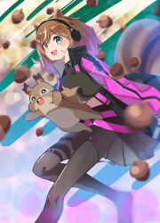 1girl absurdres acorn animal_ears ayunda_risu ayunda_risu_(cyberpunk) black_pantyhose black_shirt black_skirt blue_eyes brown_hair crop_top gen_8_pokemon headphones highres hololive hololive_indonesia jacket midriff multicolored_jacket nintendo open_mouth pantyhose pink_jacket pleated_skirt pokemon pokemon_(creature) shirt skirt skwovet squirrel_ears squirrel_girl squirrel_tail tail taiyo_sketches thigh_strap two-tone_jacket virtual_youtuber