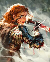 1girl angry armor blood blood_drip blood_in_hair blood_on_clothes blood_on_face blood_on_hands bloody_weapon blue_eyes curly_hair fighting fog fur_collar highres holding holding_sword holding_weapon looking_at_another narrowed_eyes open_mouth original out_of_frame red_hair sam_yang smoke sword upper_body viking war_paint weapon
