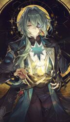 1boy absurdres anaxa_(honkai:_star_rail) aqua_coat aqua_eyes aqua_hair ascot black_capelet black_corset black_pants blue_vest brooch capelet coat commentary corset cowboy_shot english_commentary gloves gold_trim hair_between_eyes hair_intakes hair_over_one_eye hair_over_shoulder hand_on_own_arm hand_tattoo highres honkai:_star_rail honkai_(series) jewelry light_particles long_hair long_sleeves low_ponytail male_focus multicolored_eyes multiple_rings pants partially_fingerless_gloves ponytail purple_eyes red_tattoo ring shirt single_glove sleeve_cuffs sleeveless sleeveless_shirt solo tattoo two-tone_eyes ven0305 vest white_ascot white_shirt