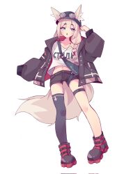 1girl animal_ear_fluff animal_ears asymmetrical_legwear black_boots black_coat black_shorts blonde_hair blue_eyes boots braid bucket_hat coat collarbone commentary commentary_request commission commissioner_upload cross cross_necklace ears_through_headwear english_commentary eyewear_on_head fanny_pack fox_ears fox_girl fox_tail hand_on_own_head hat highres inverted_cross jewelry kazumiskill legband long_hair midriff necklace original shirt shorts side_braid simple_background sleeves_past_fingers sleeves_past_wrists solo tail thighhighs white_background white_shirt