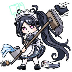 1girl :/ ^_^ apron aqua_halo aqua_ribbon aris_(blue_archive) aris_(maid)_(blue_archive) artist_name back_bow black_boots black_dress black_hair black_shoes black_wrist_cuffs blue_archive blush boots bow bucket chibi chinese_commentary closed_eyes closed_mouth commentary_request dress frilled_apron frilled_dress frills full_body halo hand_up high_ponytail highres holding holding_mop kei_(blue_archive) kei_(robot)_(blue_archive) long_hair long_sidelocks looking_at_viewer maid maid_apron maid_headdress mary_janes merchandise_available mop motion_lines neck_ribbon number_print objectification pantyhose parted_bangs pink_eyes ponytail puffy_short_sleeves puffy_sleeves rectangular_halo ribbon robotic_vacuum_cleaner sensei_(blue_archive) shoes short_sleeves sidelocks simple_background solo spilling standing tongue tongue_out unworn_boots very_long_hair water watermark white_apron white_background white_bow white_headdress white_pantyhose wrist_cuffs yimaxue