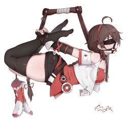 1girl ahoge bare_shoulders beiji_shayu black_blindfold black_gloves black_thighhighs blindfold bound bound_arms bound_legs braid breasts brown_eyes brown_hair collar collarbone elbow_gloves feet fingerless_gloves gag gag_harness gagged gloves hogtie legs looking_to_the_side medium_breasts restrained ring_gag saliva shorts skindentation suspension thighhighs thighs tongue tongue_out vocaloid yuezheng_ling