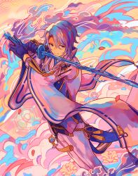 1boy artist_name black_shirt blue_eyes blue_gloves blue_hair blue_ribbon bracer closed_mouth cloud coat commentary dress_pants feet_out_of_frame fighting_stance floating_clothes flower genshin_impact gloves hair_between_eyes highres holding holding_sword holding_weapon kamisato_ayato long_sleeves looking_at_viewer lotus male_focus mole mole_under_mouth open_clothes open_coat pants petals ribbon ribbon-trimmed_sleeves ribbon_trim say0ran shirt short_hair sleeve_ribbon smile solo sword symbol-only_commentary tassel vision_(genshin_impact) water watermark weapon white_coat white_pants wide_sleeves wind yellow_flower
