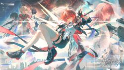 3girls absurdres arknights black_gloves black_hair black_shorts blonde_hair character_counter_request character_request chinese_commentary commentary_request cropped_jacket dao_jisland detached_wings energy_wings executor_(arknights) executor_the_ex_foedere_(arknights) exusiai_(arknights) exusiai_the_new_covenant_(arknights) fingerless_gloves gloves gun halo highres holding holding_gun holding_weapon lemuen_(arknights) multiple_boys multiple_girls orange_eyes pink_hair red_hair rifle shirt shoes shorts thigh_strap thighhighs virtuosa_(arknights) w weapon white_shirt white_thighhighs wings