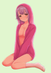 1girl :3 blush breasts brown_eyes commentary_request full_body hood hoodie idolmaster idolmaster_cinderella_girls koshimizu_sachiko looking_at_viewer naked_hoodie purple_hair sakaki_imasato short_hair sitting small_breasts smile socks solo wariza