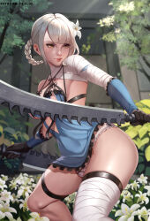 1futa black_gloves braid breasts brown_eyes bulge closed_mouth detached_sleeves exlic flower futanari gloves hair_flower hair_ornament highres holding holding_sword holding_weapon jewelry kaine_(nier) large_breasts lips nature nier nier_(series) outdoors panties solo sunlight sword thighhighs thighlet tree underwear weapon white_flower white_hair white_panties