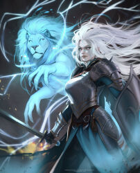 1girl animal armor artist_name closed_mouth colored_skin commentary commission dungeons_&amp;_dragons electricity english_commentary eva_solo facial_mark fangs ghost grey_eyes grey_skin highres holding holding_shield holding_weapon lion lips long_hair original shield simple_background solo warrior watermark weapon white_hair