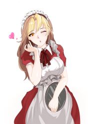 Rule 34 | 1girl, absurdres, apron, blonde hair, blowing kiss, bow, breasts, dress, dxt, frills, hair ornament, heart, highres, holding, holding plate, long hair, maid, maid headdress, plate, puffy short sleeves, puffy sleeves, red dress, ribbon, short sleeves, smile, solo, touhou, touhou (pc-98), yellow eyes, yumeko (touhou)