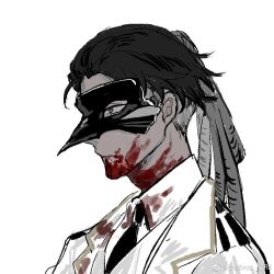 1boy bird_mask black_eyes black_hair black_necktie blood blood_on_body blood_on_clothes blood_on_face blood_on_mouth coat collared_shirt dark-skinned_male dark_skin dreadlocks from_side hair_slicked_back hana_association_south_uniform library_of_ruina male_focus mask necktie olivier_(project_moon) project_moon second-party_source shirt solo upper_body white_background white_coat white_shirt wuruko