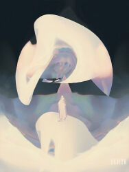 cloak dkaism faceless from_behind full_body hood hood_down limited_palette original painterly prism scenery solo standing white_cloak white_theme