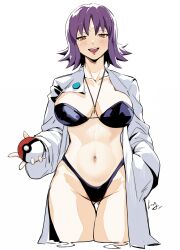 1girl blush breasts brown_eyes cleavage club3 collarbone creatures_(company) game_freak hand_in_pocket highleg highleg_one-piece_swimsuit highres jewelry large_breasts md5_mismatch navel necklace nintendo one-piece_swimsuit open_mouth philena_ivy pokemon pokemon_(anime) pokemon_(classic_anime) purple_hair resolution_mismatch revision smile solo source_smaller swimsuit teeth thighs upper_teeth_only wet