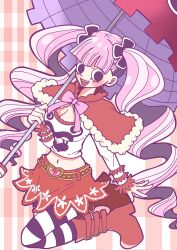 1girl blunt_bangs blush boots capelet commentary crop_top drill_hair full_body hair_tie hi_ina highres holding holding_umbrella lower_eyelashes_only one_piece open_mouth pantyhose perona pink_hair pink_umbrella red_boots red_capelet red_skirt skirt smile solo striped_background striped_clothes striped_pantyhose twin_drills twintails umbrella vertical-striped_background