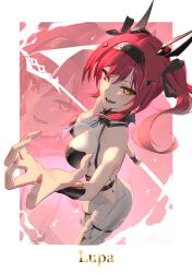 Rule 34 | 1girl, absurdres, armor, bare shoulders, black bow, bodysuit, bow, breastplate, breasts, character name, collar, commentary, fingernails, hair bow, hairband, hand up, headgear, highres, long hair, looking at viewer, lupa (wuthering waves), medium breasts, metal collar, metal hairband, multiple hair bows, nail polish, nekoten (pixiv 50710337), pink nails, red hair, red pupils, smile, solo, tacet mark (wuthering waves), white bodysuit, wuthering waves, yellow eyes, zoom layer
