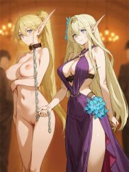 2boys 2girls animal_collar arm_at_side arm_under_breasts armpit_crease black_bra black_panties blonde_hair blue_eyes blue_flower blurry blurry_background bra brown_collar chain chandelier chinese_commentary circlet cleft_of_venus clenched_hands closed_mouth clothed_female_nude_female collar collarbone commentary_request completely_nude cowboy_shot crossed_bangs depth_of_field double-parted_bangs dress dress_flower elf expressionless flower hair_between_eyes highleg highleg_panties highres holding holding_chain indoors long_bangs long_eyebrows long_hair looking_at_viewer multiple_boys multiple_girls nipples nude original panties pointy_ears ponytail purple_dress pussy revealing_clothes shining_1990 shiny_skin standing stomach straight_hair uncensored underwear very_long_hair
