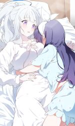 2girls absurdres blue_archive blue_pajamas blush breasts commentary_request dress grey_hair halo highres hug indoors kuu_(user_gngs5284) large_breasts long_hair looking_at_another lying medium_breasts multiple_girls noa_(blue_archive) noa_(pajamas)_(blue_archive) official_alternate_costume on_back pajamas ponytail purple_eyes purple_hair sleepwear straight_hair very_long_hair white_dress yuri yuuka_(blue_archive) yuuka_(pajamas)_(blue_archive)