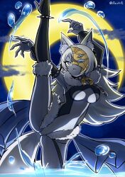 Rule 34 | 1girl, 3zukie, animal ears, breasts, chain, colored skin, cowboy shot, crescent, crescent moon, duel monster, flexible, grey eyes, grey hair, grey skin, half mask, highres, leg up, long hair, lunalight silver hound, mask, medium breasts, moon, on one knee, one eye covered, partially submerged, revealing clothes, solo, split, standing, standing on one leg, standing split, underboob, wolf ears, wolf girl, yu-gi-oh!