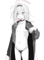 1girl absurdres bad_id bad_twitter_id blue_archive blush bow braid cameltoe choker coat colored_inner_hair flat_chest greyscale hair_bow hair_over_one_eye hairband halo highres loli long_hair monochrome multicolored_hair navel open_clothes open_coat panties pink_hair plana_(blue_archive) red_halo showtime775 side_braid simple_background solo spot_color stomach topless_female underwear very_long_hair white_background