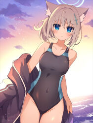 1girl animal_ear_fluff animal_ears black_jacket black_one-piece_swimsuit blue_archive blue_eyes breasts cloud competition_swimsuit covered_navel cowboy_shot cross_hair_ornament extra_ears grey_hair hair_ornament halo jacket krhs06 low_ponytail medium_breasts medium_hair mismatched_pupils multicolored_swimsuit official_alternate_costume one-piece_swimsuit orange_sky ponytail shiroko_(blue_archive) shiroko_(swimsuit)_(blue_archive) sky solo swimsuit wolf_ears