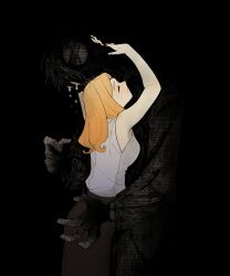 1boy 1girl arms_around_neck black_background black_skirt blonde_hair closed_eyes closed_mouth crying eyepatch franken_stein_(soul_eater) height_difference hetero highres hissiu hug long_hair marie_mjolnir shirt silhouette simple_background skirt sleeveless sleeveless_shirt smile soul_eater tears white_shirt