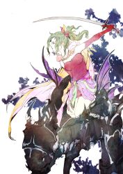 1girl amano_yoshitaka_(style) breasts cape colored_eyelashes dress elbow_gloves final_fantasy final_fantasy_vi gloves green_hair hair_ribbon holding holding_sword holding_weapon long_hair magitek_armor pink_cape pointy_ears ponytail red_dress red_gloves red_ribbon ribbon ruka_(blueplus84) sash small_breasts solo strapless strapless_dress sword tina_branford tube_dress two-tone_cape waist_sash weapon yellow_cape yellow_eyes