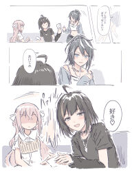 3girls ahoge azai_eimi bare_shoulders bessyo_bell black_hair black_shirt braid braided_hair_rings breasts brown_hair bullfalk collarbone collared_shirt commentary_request crop_top cropped_shirt d4dj envelope grey_jacket hair_rings heart highres hitting holding holding_envelope jacket long_hair medium_breasts midriff mob_face multicolored_hair multiple_girls off_shoulder open_clothes open_jacket pink_hair ponytail shimazu_shika shirt short_hair short_sleeves sidelocks speech_bubble spoken_heart stomach streaked_hair t-shirt translation_request white_hair white_shirt
