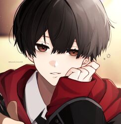 1boy absurdres black_hair blurry blurry_background collared_shirt hair_between_eyes hanami_haru hand_on_own_face highres kuzuha_(nijisanji) long_sleeves male_focus nijisanji red_eyes red_sweater shirt short_hair sleeves_past_wrists solo sweater teeth twitter_username virtual_youtuber white_shirt