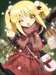 1girl apron arm_up bag black_jacket black_skirt blonde_hair blush_stickers checkered_clothes checkered_scarf clothes_writing cropped_jacket fangs hair_ornament hair_ribbon handbag highres jacket long_hair musical_note musical_note_print one_eye_closed open_mouth original oyasumi_guu_guu paper_bag pom_pom_(clothes) pom_pom_hair_ornament print_apron red_apron red_scarf red_shirt ribbon scarf shirt shoulder_bag skirt snowman_bag solo treble_clef twintails yellow_eyes
