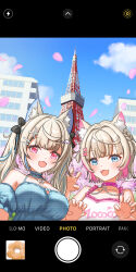 2girls animal_ear_fluff animal_ears bare_shoulders black_bow blonde_hair blue_camisole blue_eyes blue_hair bow braid breasts building camisole cherry_blossoms claw_pose collarbone detached_sleeves dog_ears dog_girl falling_petals fuwawa_abyssgard fuwawa_abyssgard_(casual) hair_between_eyes hair_bow hair_ornament hairclip highres hololive hololive_english large_breasts long_hair looking_at_viewer medium_breasts mococo_abyssgard mococo_abyssgard_(casual) multicolored_hair multiple_girls official_alternate_costume open_mouth parallel_hairclips petals pink_eyes pink_hair pink_shirt shirt short_hair short_sleeves siblings sisters taking_picture tokyo_tower twins user_dfnr8777 virtual_youtuber x_hair_ornament
