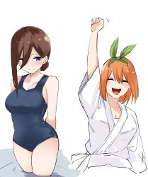 2girls :d alternate_hairstyle arm_up arms_behind_back bare_shoulders blue_eyes blue_one-piece_swimsuit blush breasts brown_hair cleavage clenched_hand closed_eyes closed_mouth cowboy_shot curvy eyebrows_hidden_by_hair furrowed_brow go-toubun_no_hanayome green_ribbon hair_between_eyes hair_over_one_eye hair_ribbon highres japanese_clothes kimono large_breasts long_hair long_sleeves looking_to_the_side mame1645 multiple_girls nakano_miku nakano_yotsuba one-piece_swimsuit open_mouth orange_hair partially_submerged ribbon round_teeth shy siblings simple_background sisters smile standing straight_hair swimsuit teeth thighs twins upper_teeth_only v-shaped_eyebrows victory_pose white_background white_kimono wide_sleeves
