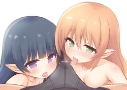 1boy 2girls black_hair blush breasts brown_hair bulge cooperative_fellatio covered_penis erection erection_under_clothes fellatio green_eyes highres irina_bondarchuk iris_mysteria! long_hair multiple_girls naja_(iris_mysteria!) nipples nude oral pointy_ears precum precum_through_clothes purple_eyes raised_inner_eyebrows small_breasts teamwork_(sexual) yuu_(yumezakura)