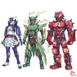 1girl 2boys armor arms_at_sides artist_name belt black_bodysuit blue_bodysuit blue_footwear blue_gloves blue_headwear bodysuit boots breastplate clenched_hands dated full_body gen_3_pokemon gloves green_footwear green_gloves green_headwear groudon helmet highres kamen_rider kyogre legendary_pokemon master_ball mega_pokemon mega_rayquaza multiple_boys nintendo omega_symbol orange_eyes poke_ball pokemon pravin_rao_santheran primal_groudon primal_kyogre rayquaza red_eyes red_footwear red_gloves red_headwear ribbon shoulder_armor signature simple_background spikes standing waist_cape white_background yellow_ribbon yellow_trim