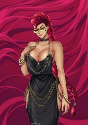 Rule 34 | artist name, black dress, bracelet, braid, braided ponytail, breasts, chain, choker, crimson viper, dress, fingernail polish, glasses, gold bracelet, gold chain, green eyes, hand on own chest, jewelry, lace, lace choker, large breasts, red background, red hair, ring, seductive smile, smile, street fighter, street fighter iv (series), street fighter v, treartz