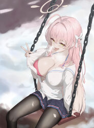 Rule 34 | 1girl, absurdres, ahoge, bikini, bikini under clothes, black pantyhose, blue archive, blurry, blurry background, braid, breasts, commentary request, halo, halterneck, hanako (blue archive), highres, hiori (user fxcw3832), large breasts, long hair, long sleeves, looking at viewer, mixed-language commentary, naughty face, on swing, pantyhose, pink bikini, pink hair, pink halo, saliva, saliva trail, school uniform, shirt, side braid, sitting, solo, steaming body, swimsuit, swing, tongue, tongue out, torn clothes, torn pantyhose, undressing, v, white shirt, yellow eyes