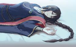 Rule 34 | 1girl, bandaged arm, bandages, bed sheet, black hair, blue robe, braid, braided ponytail, closed mouth, commentary, commentary request, dot 7333, elden ring, english commentary, hair between eyes, jewelry, korean commentary, long hair, lying, mixed-language commentary, on back, pendant, robe, shirt, sidelocks, sleeping, solo, sorceress sellen, white shirt, wide sleeves