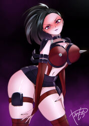 1girl armor bdsm belt belt_skirt black_hair boku_no_hero_academia bondage bound breasts choker corruption dark_persona hair_pulled_back highres large_breasts long_hair looking_at_viewer mind_control navel open_mouth ponytail shoulder_armor spiked_bra thick_thighs thigh_strap thighhighs thighs wide_ponytail yami-mochi yaoyorozu_momo