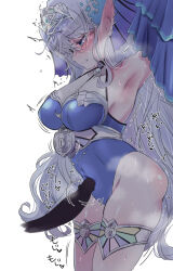 1boy 1girl armpits blue_leotard breasts censored cowboy_shot disembodied_penis duel_monster grey_hair half-closed_eyes hayupipipipi highres imminent_penetration kitkallos_(yu-gi-oh!) large_breasts leotard long_hair penis pointy_ears simple_background solo_focus tearlaments_kitkallos trembling veil white_background yu-gi-oh!
