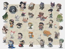 6+boys 6+girls animal apron arm_up baby bald bear beard belt bird black_hair black_hat blue_dress blue_eyes bow bow_wow_(zelda) broom brown_belt brown_hair camera carrying carrying_baby carrying_person chain_chomp chair cheekbones chef_bear chef_hat chibi chicken christine_(zelda) crazy_tracy crocodilian crown cucco cucco_keeper dress earrings facial_hair fish fisherman_(link&#039;s_awakening) fishing_rod fox ghost ghost_by_the_bay_(link&#039;s_awakening) glasses grandma_ulria green_hair green_hat green_tunic hat highres holding holding_broom holding_camera holding_fishing_rod holding_paint_palette holding_paintbrush item_trader_(link&#039;s_awakening) jewelry kiki_(zelda) link long_hair mad_batter madam_meowmeow manbo_(zelda) marin_(zelda) mermaid_(link&#039;s_awakening) monkey monster mr._write multiple_boys multiple_girls mustache nintendo ocean_sunfish old old_man old_man_ulrira_(zelda) old_woman open_mouth overalls owl owl_(link&#039;s_awakening) own_hands_clasped own_hands_together paint_palette paintbrush papahl phil_dragash photographer_(link&#039;s_awakening) pink_dress pointy_ears pointy_nose prince_richard_(kaeru_no_tame_ni_kane_wa_naru) quadruple_wielding rabbit_(zelda) red_shirt rocking_chair sale_(link&#039;s_awakening) schule_donavitch sharp_teeth shirt short_hair signature straw_hat syrup_(zelda) tarin teeth the_legend_of_zelda the_legend_of_zelda:_link&#039;s_awakening throwing throwing_food town_tool_shopkeeper_(link&#039;s_awakening) trendy_game_shop_owner tunic walrus_(link&#039;s_awakening) wart_(mario) waving white_apron witch_hat yip_yip