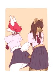 2girls artist_request brown_hair dog furry highres hyena long_hair multiple_girls red_hair school_uniform